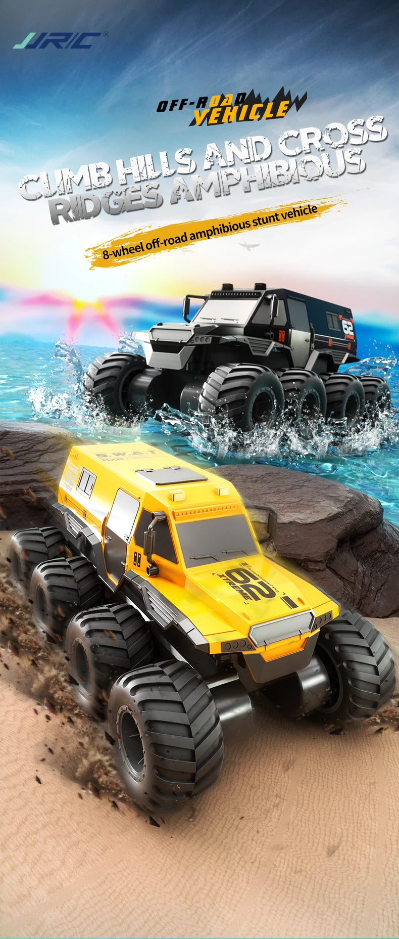 ﻿ JJRC Q137 8x8 2.4G Remote Control Car 8wd Off-road Amphibious Stunt Vehicle 8-Wheel Speed Racing Truck Waterproof Crawler Toys
