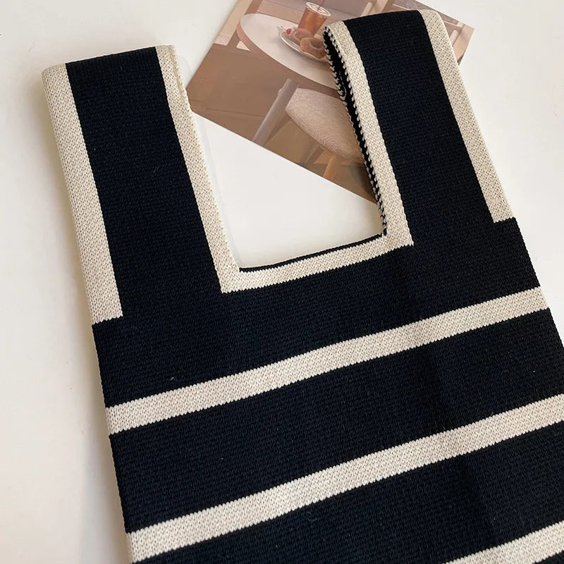 Women Handmade Knitted Small Handbag Casual Wrist Bag Wide Stripe Stripe Shopper Mini Tote Student Reusable Shoulder Bag
