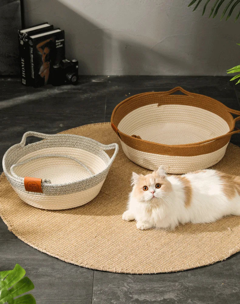 Cat Bed Handmade Rattan Woven Pet Nest Removable Washable Warm Pad All-Season Cat Scratch Board Winter Warm Cat House for Cats