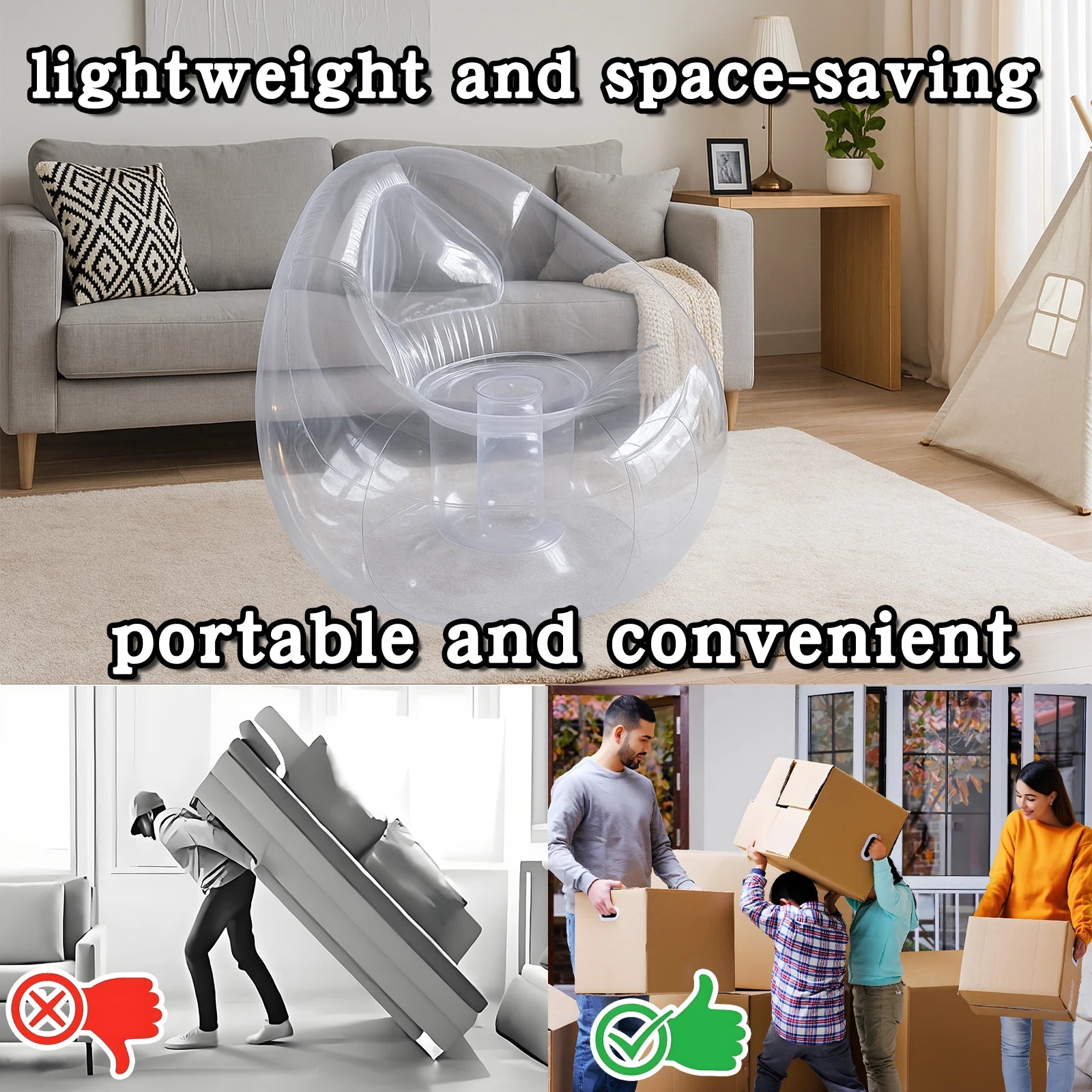 Transparent Inflatable Lounge Chair, Indoor and Outdoor Clear PVC Inflatable Single Sofa for Adult