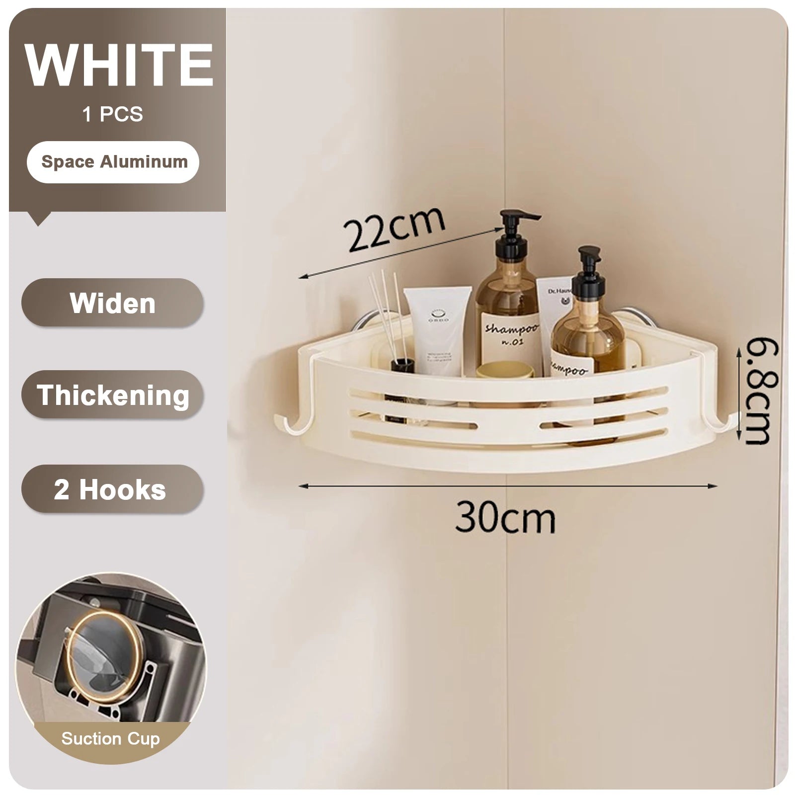 Triangular Shower Shelf with Hooks Suction Cup No Drill Bathroom Organizer Aluminum Corner Rack for Shampoo Soap Kitchen Storage