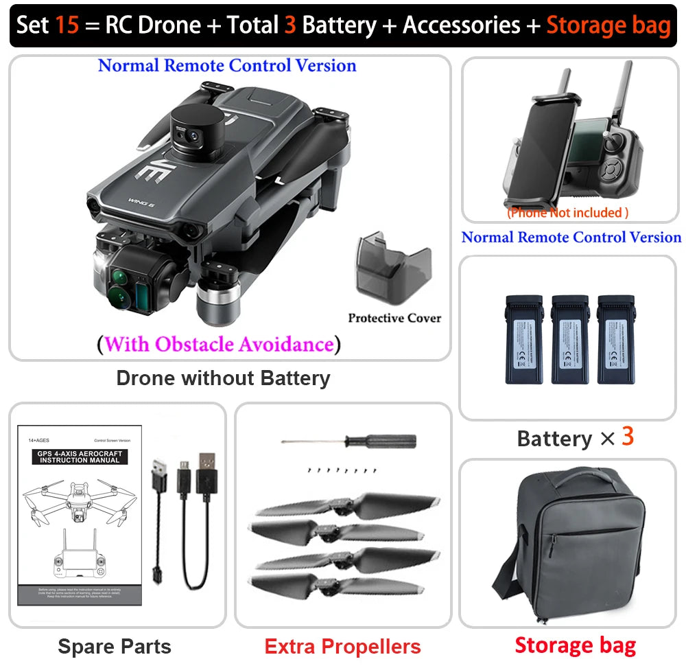 New Wing 6 Drone 8K Camera 3-Axis Gimbal WIFI Obstacle Avoidance FPV Brushless Touch Screen Remote Control Quadcopter Toys Gifts