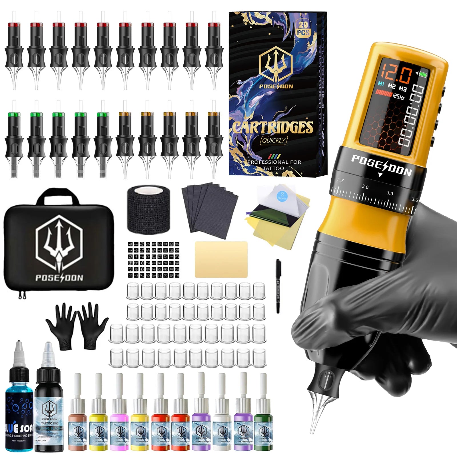 Tattoo Kit POSEIDON V5 New Yellow Tattoo Pen Kit For Permanent Makeup Tattoo Machine Kit Adjustable Wireless Tattoo Gun Kit