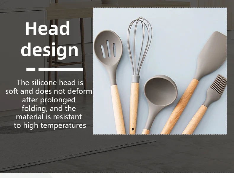 12pcs/set, Silicone Cooking Utensils Set With Wooden Handle, Colorful Non-stick Pot Special Cooking Tools Set, Heat Resistant