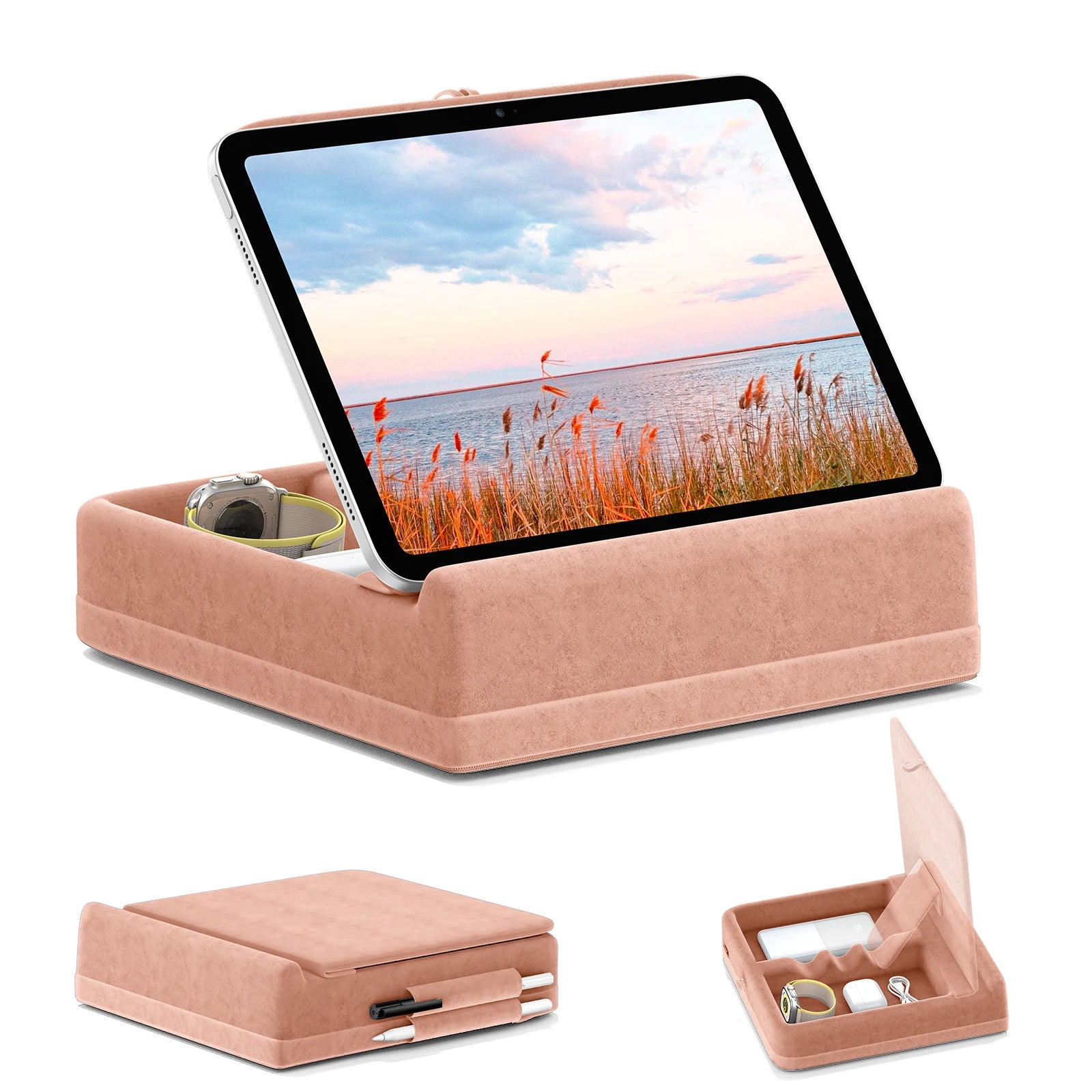 Tablet Pillow Stand with Storage Foldable iPad Holder for Bed & Lap and Desk Angle Adjustable Soft Pad Dock with Stylus Mount