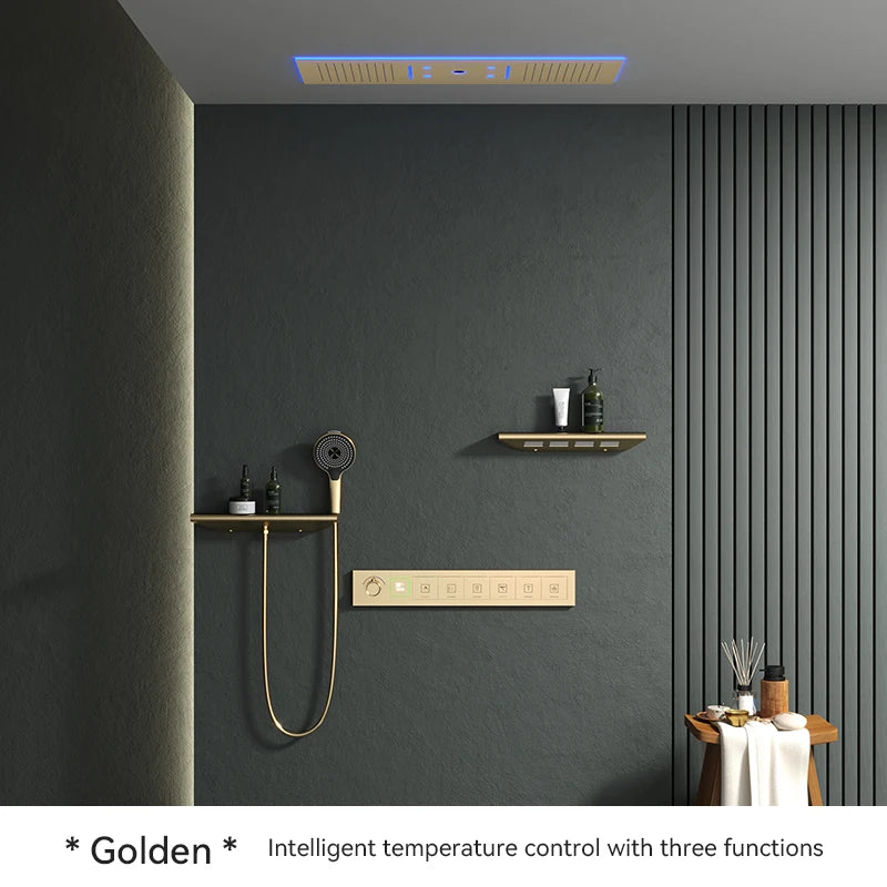 Luxury Ceiling Shower System Set Concealed Thermostatic Brass Digital Display Hydro Generator Rainfall  with Light and Bluetooth