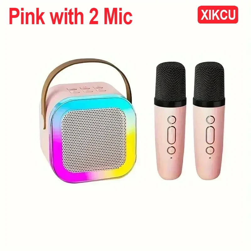 Portable Bluetooth 5.3 Karaoke Speaker 3D Surround Sound with 1-2 Wireless Microphones Home Family Singing for Aux/U Disk/TF