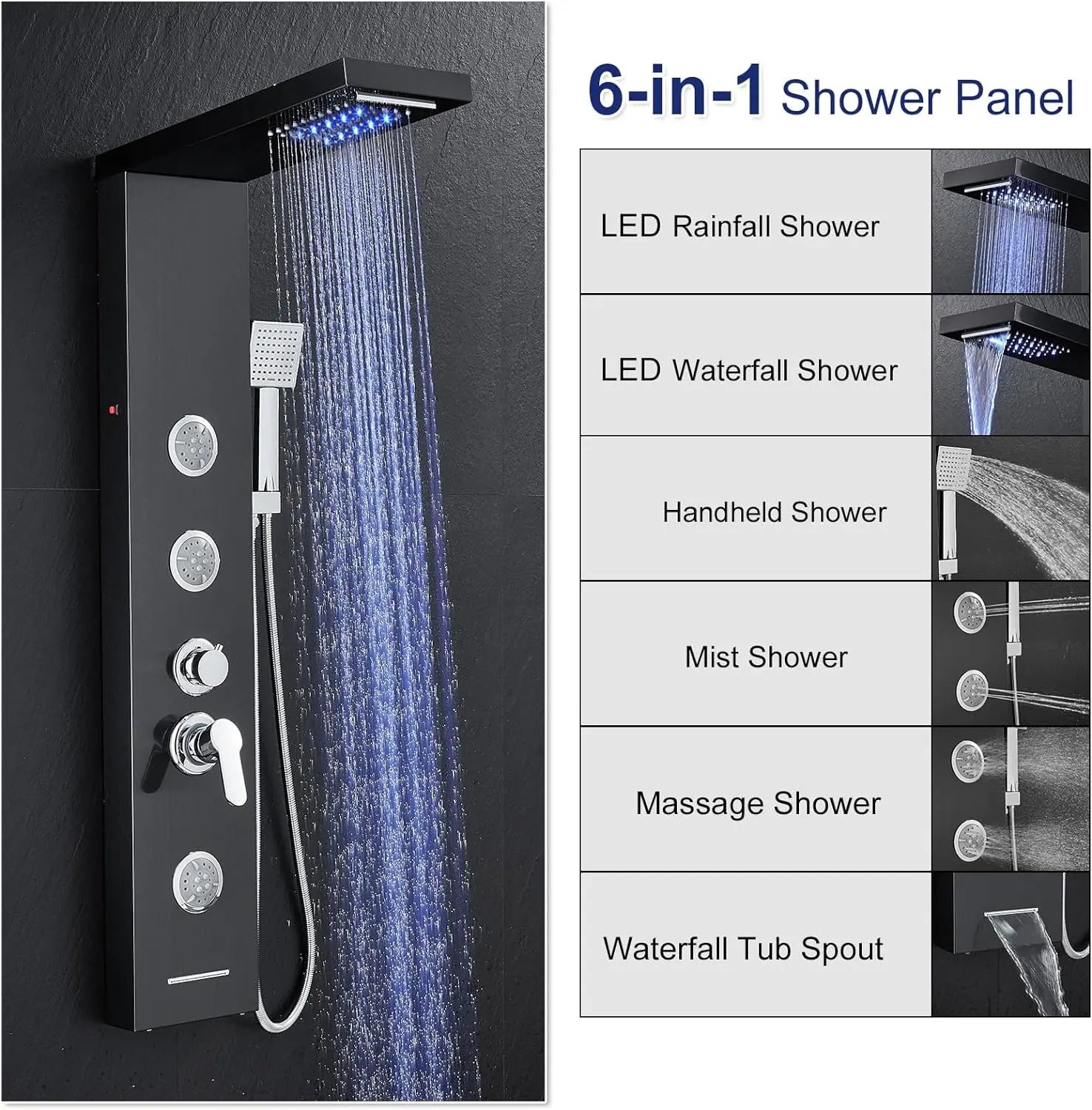 KEMAIDI LED Shower Panel Tower System with Rainfall Waterfall Shower Black Shower Panels with Jets and Rainfall and Handheld