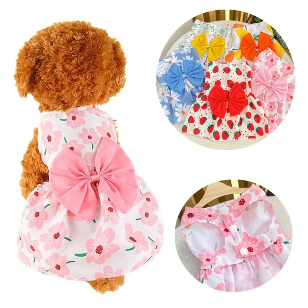 Dog Princess Dress Summer Kitten Pet Skirt Cute Printed Bow Lace Dog Dresses for Small Medium Puppies Poodle Chihuahua Apparel