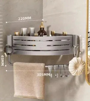 No Drill Bathroom Corner Shelf Wall Mounted Shower Corner Shelves with Hook Towel Bar Space Aluminum Bathroom Organizer Rack