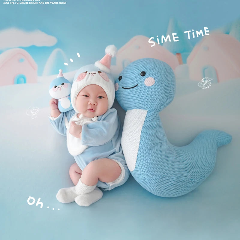 Baby Photography Clothes Cartoon Knitted Jumpsuit With Tail+Hat+Dolls 4pc/Set Newborn Costume Cute Snake Toy Pillow Accessories