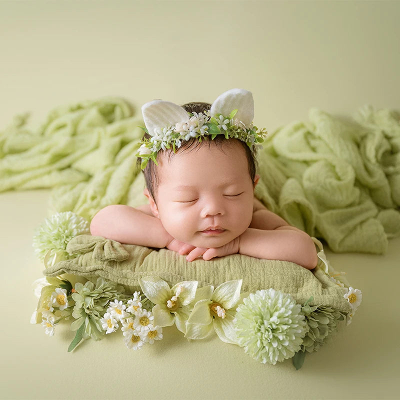 Green Theme Newborn Baby Photography Props Cute Bow Headflower Baby Posing Elastic Wrapping Cloth Background Blanket Accessories