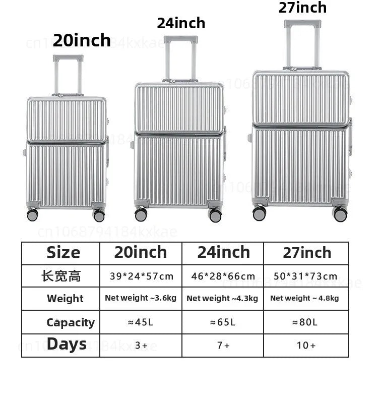 Aluminium Frame Rolling Luggage with Cup Holder Mobile Phone Holder Front Opening Suitcase Large capacity Travel Suitcase