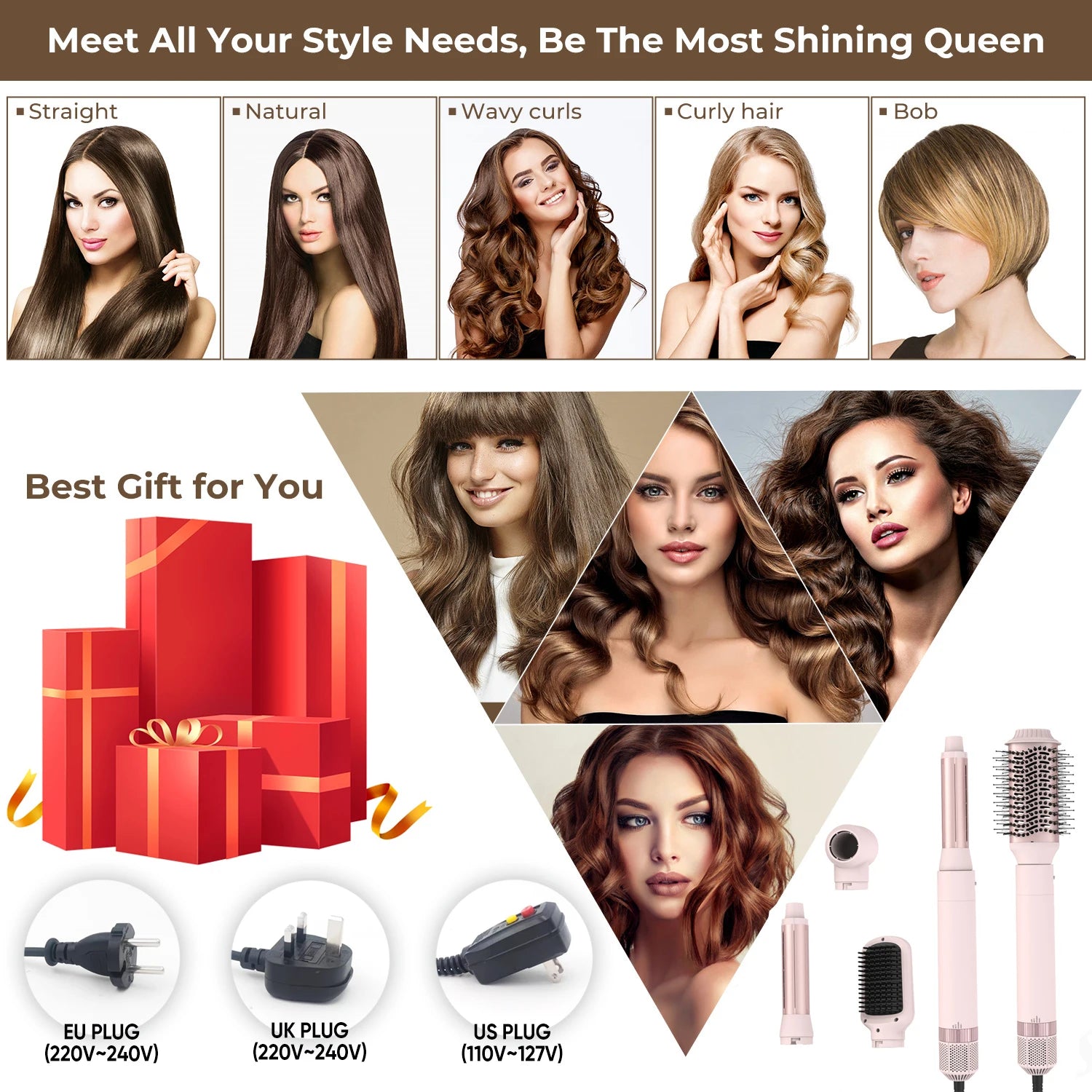 5in1 Hair Dryer Brush Curling Iron Hair Dryer Detachable Auto Wrap Curlers Fast Drying Electric Styling Hair Blower Brush