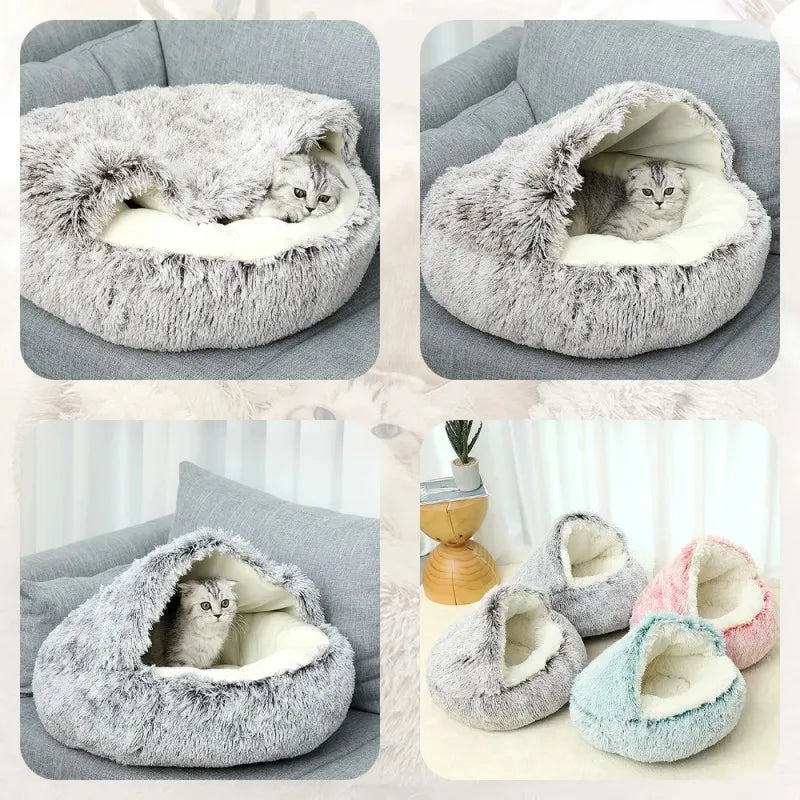 Snooze Cat Bed Round Plush Fluffy Hooded Cozy Cat Bed Cave for Indoor Donut Self Warming Small Dog Bed Anti-anxiety for Winter