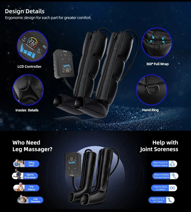 Air Compression Leg Massager Boots Foot Calf Pressotherapy Air Pressure Therapy Device 4 Chamber Fast Recovery Massage Machine