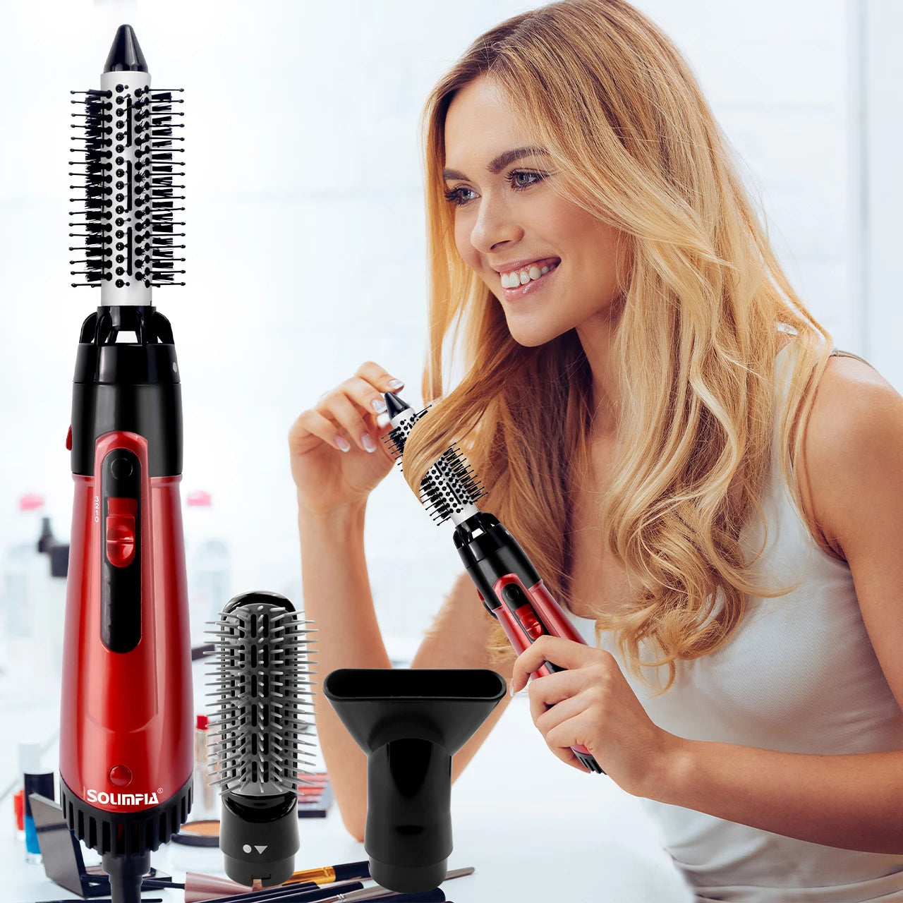 Solimpia 3-Head Hot Air Brush Hair Dryer Strong Wind Electric Straightener Curler Roller Comb Blower Styling Tool for Woman 800W