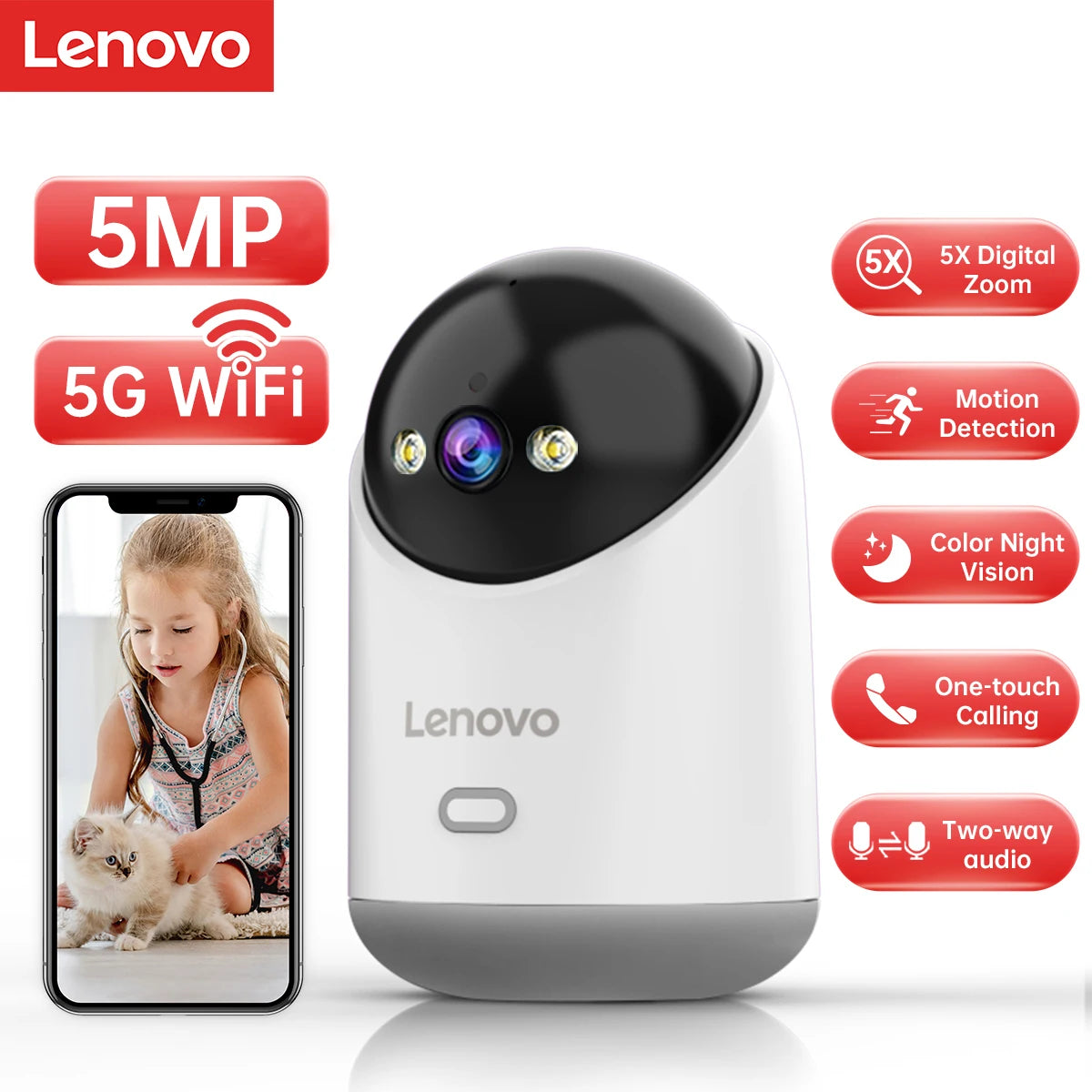 Lenovo 5MP WiFi Camera Smart Home Indoor IP Camera Full Color Night Auto Tracking Security CCTV Surveillance Baby Monitor