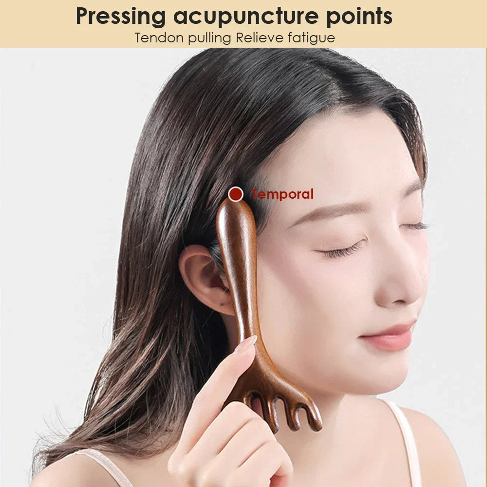 Natural Sandalwood Massage Comb Six-Claw Head Acupoint Massage Gua Sha Tool Neck Face Lifting Scraping Massager