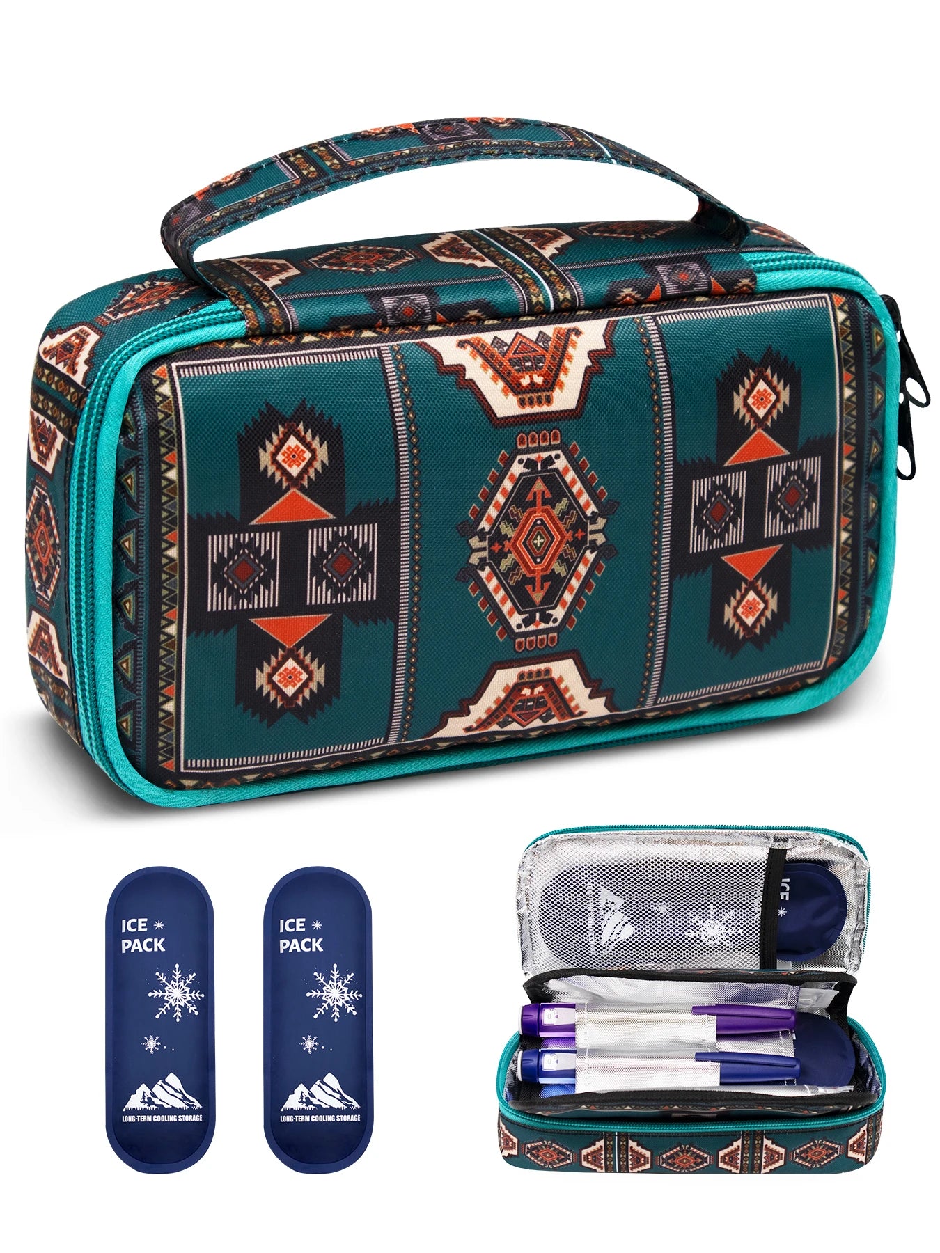 Large Portable Insulin Cooler Travel Bag - Lightweight, Boho Flower Print Durable Design for Outdoor Camping and Travel