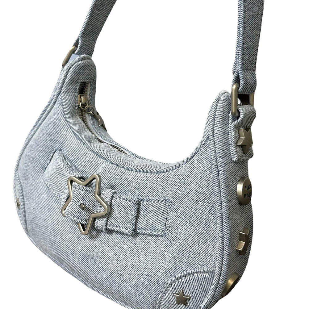 Women Shoulder Handbag Vintage Y2K Casual Hobos Zipper Star Decor Solid Color Gift for Girls Ladies Purse Tote Bag