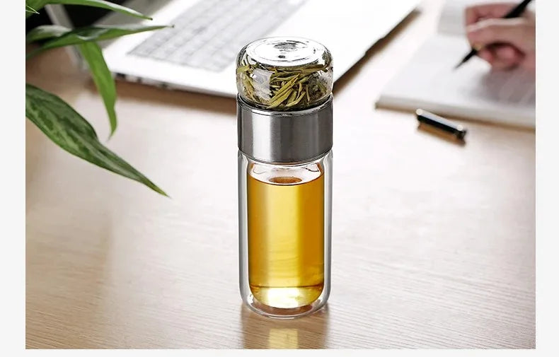 390ML Tea Water Bottle High Borosilicate Glass Double Layer Tea Water Cup Infuser Tumbler Drinkware Water Bottle With Tea Filter