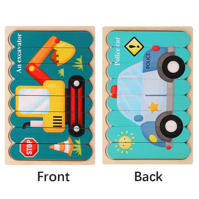 Cartoon Animal Double-sided Strip Wooden Puzzles Kids Montessori Jigsaw Game Baby Educational Toys for Children