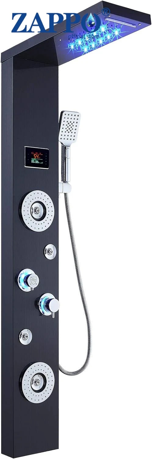 ZAPPO Rainfall Waterfall Massage System with Body Jets Bathroom Shower Panel Temperature Digital Display Shower Panel Shower Set