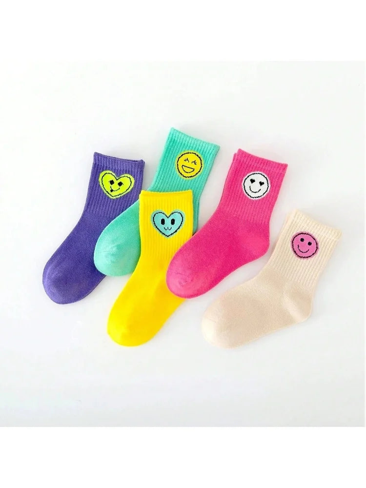 5 Pairs of Four Seasons Children's Socks New Sports Smiling Face Expression Boys and Girls Mid-calf High Socks