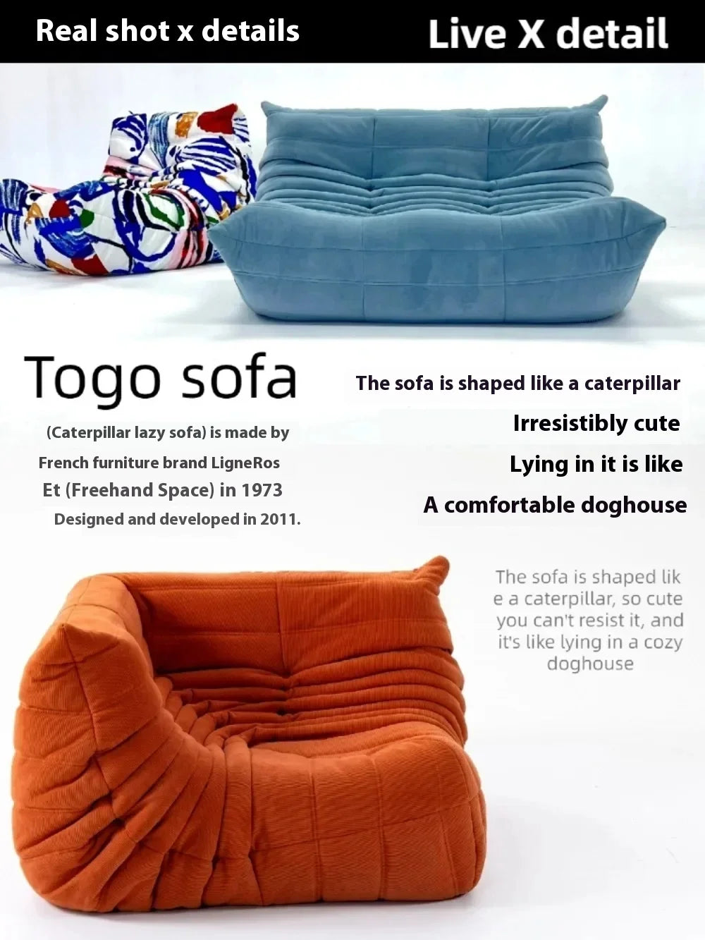 Fashion Freehand Space Original First Layer Cowhide Three-person Italian Minimalist Togo Caterpillar Lazy Sofa Lazy Sofa