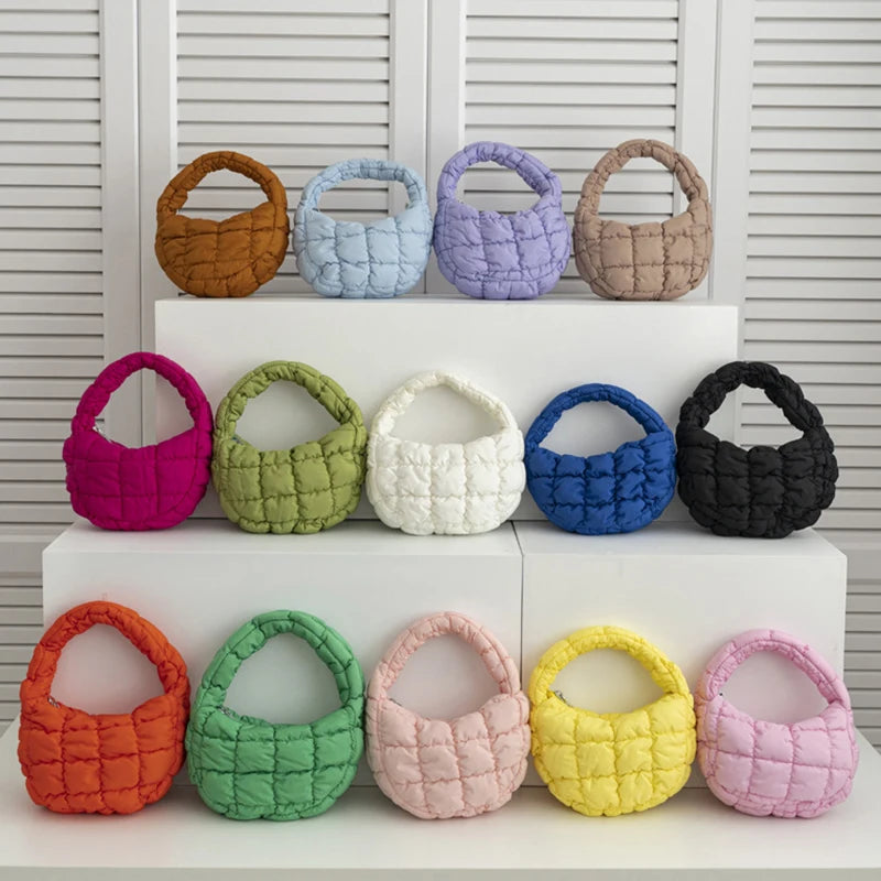 Candy bag Fashion Mini Puffer Tote Bag Quilted Circle Phone Purse  Elegant  Soft Nylon Padded Key Pouch Simple Trend Handbag