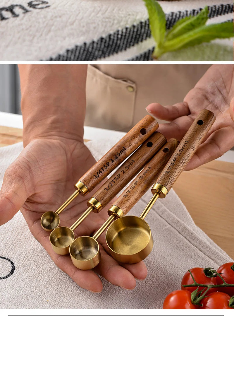 Measuring Spoon Set Wooden Handle Stainless Steel Measuring Cups Spoons Baking Tools Coffee Bartending Scale Kitchen Accessories