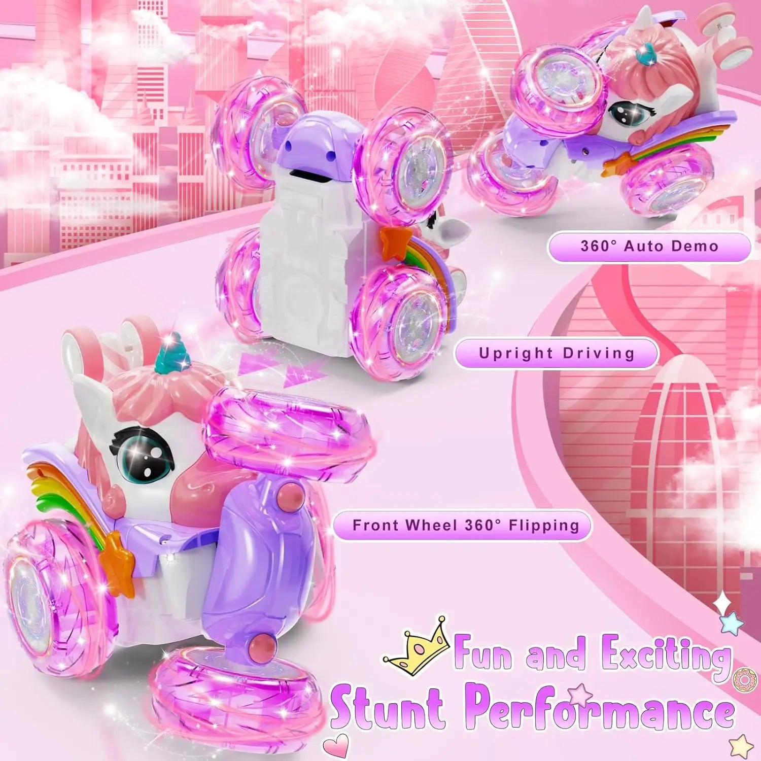 Unicorn Remote Control Car for Girls, 360° Rotating 4WD Stunt RC Cars with Cute Lights, Rechargeable Toys-Kid Birthday Gifts
