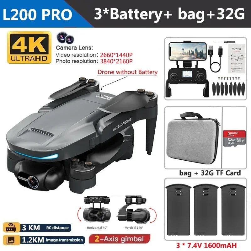 L200 PRO MAX Drone 4K 2-Axis PTZ HD Dual Camera 360° Laser Obstacle Avoidance Brushless Motor GPS 5G WIFI RC FPV Quadcopter Toys