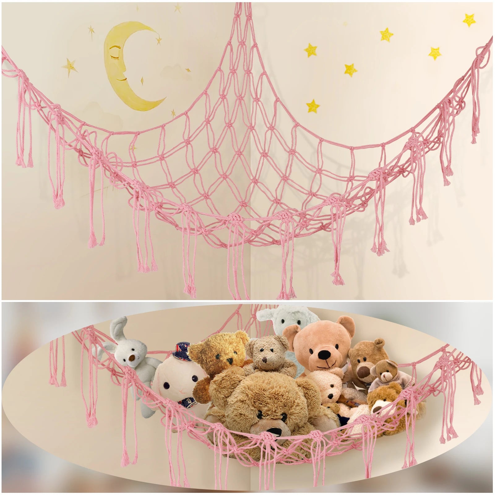 Plush Toy Hammock Large Capacity Stuffed Animals Organizer Net Macrame Tassels Boho Home Wall Decoration Hanging Basket