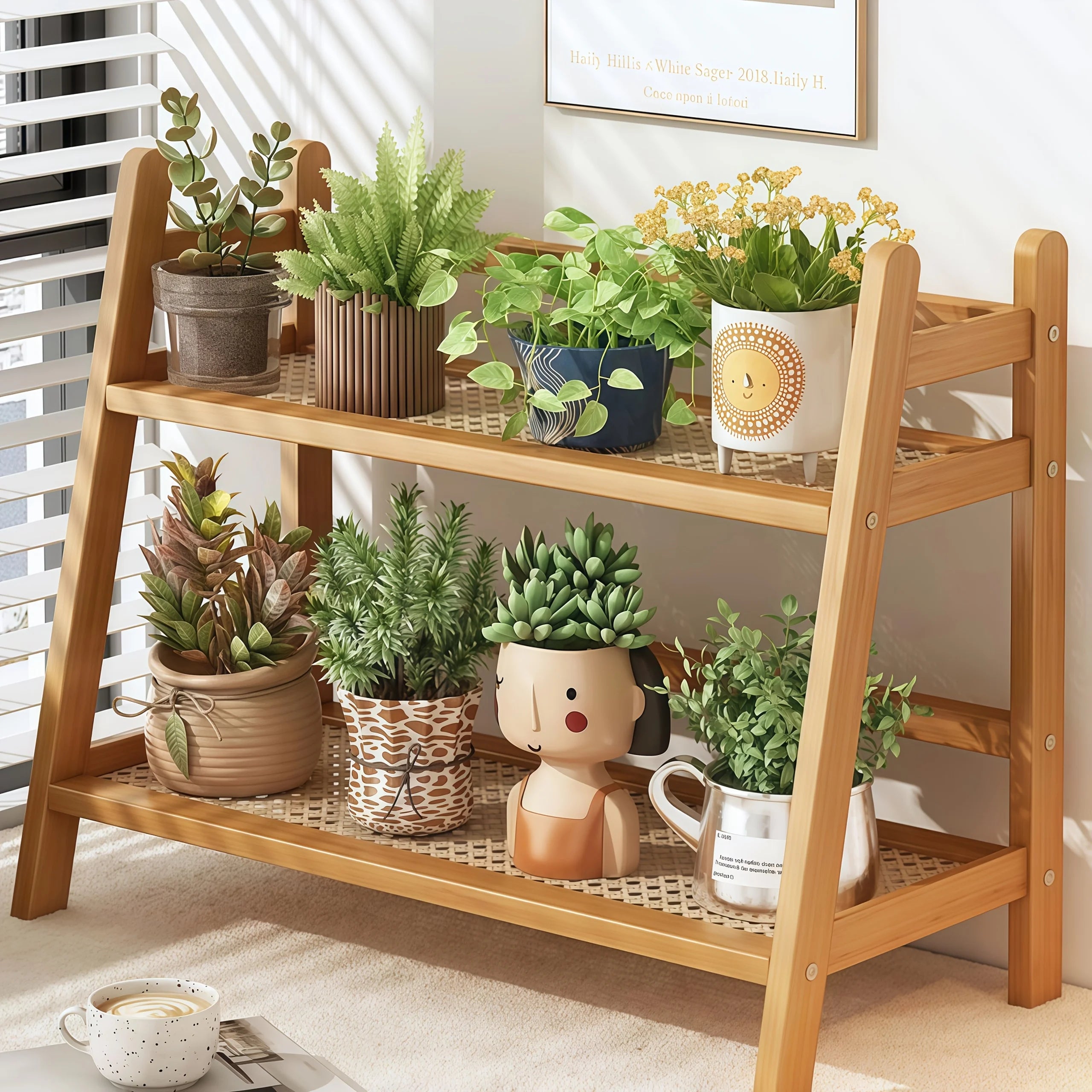 2-Tier Bamboo Shelf, Bohemian Wood Finish. Perfect for Mugs, Plants, Cosmetics & More. Save Space, Stylish Storage!