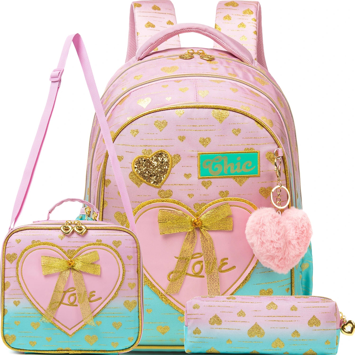 New Bowknot Ribbon Backpack Girls Backpack with Lunch Bag and Pen Bag for Elementary School for Picnic Travel Best Gift
