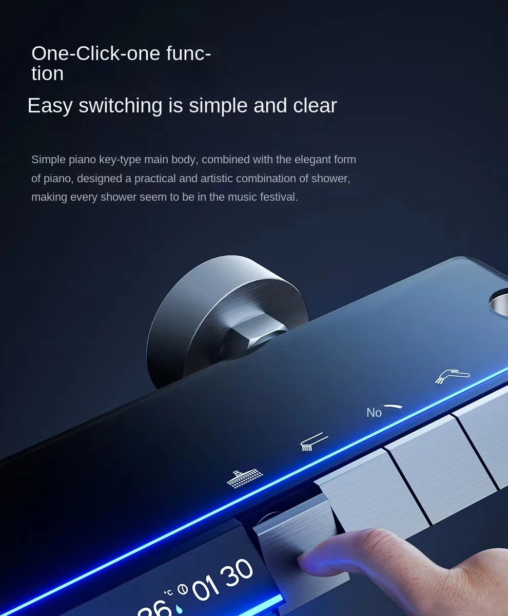 Luxury Wall Mounted Smart Button Digital Display Shower Set Thermostat System Glass Countertop Bathroom Brass Rain Shower Set