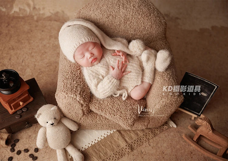 0-1 Month Newborn Photography Scenes Props Knitted Baby Costume Set Teddy Bear Doll Coffee Maker Props Studio Photo Accessories