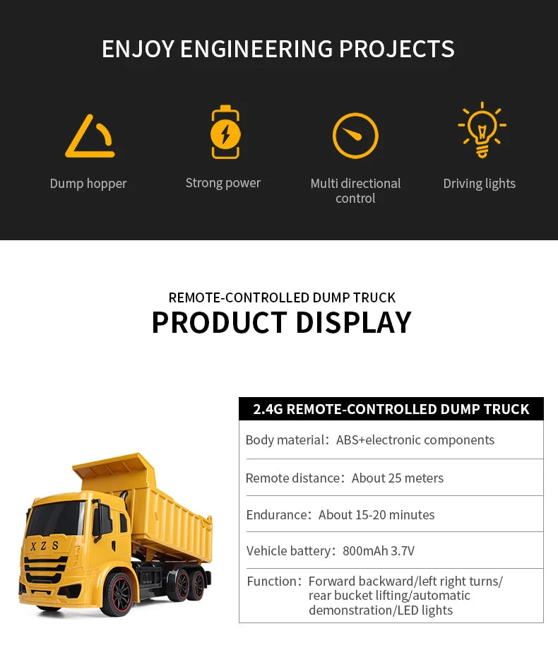 ZWN 2.4G Remote Control Excavator Dump Truck RC Model Car Toy Professional Alloy Plastic Simulation Construction Vehicle for Kid