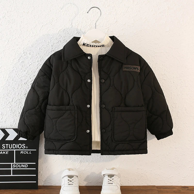 Autumn Kids Cotton Jacket Winter Boys Solid Color Thick Plus Velvet Warm Coat For 3-10 Years Teen Children Outerwear Clothing ﻿