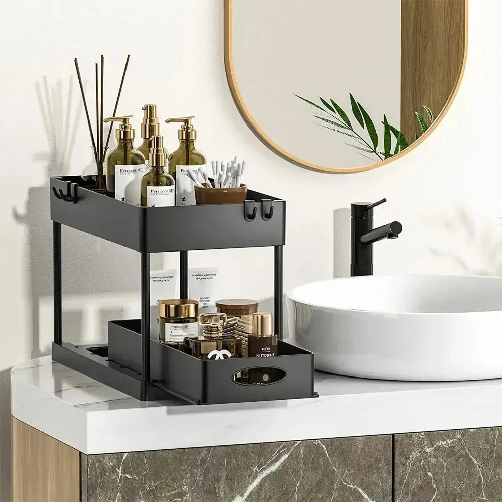 Two-tier Pull-out Sink Base Storage Cabinet with Sliding Baskets and Hooks, Suitable for Bathroom and Kitchen Storage