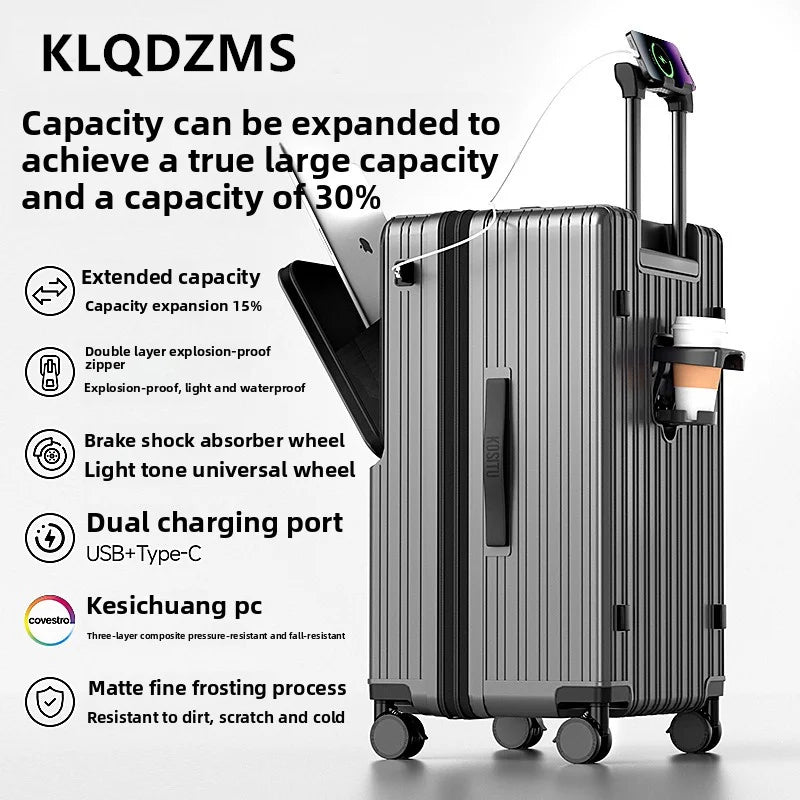 KLQDZMS Cabin Suitcase 20"22"24"26"28"30 Inch Large Capacity Trolley Case USB Charging Boarding Box Front Opening Luggage