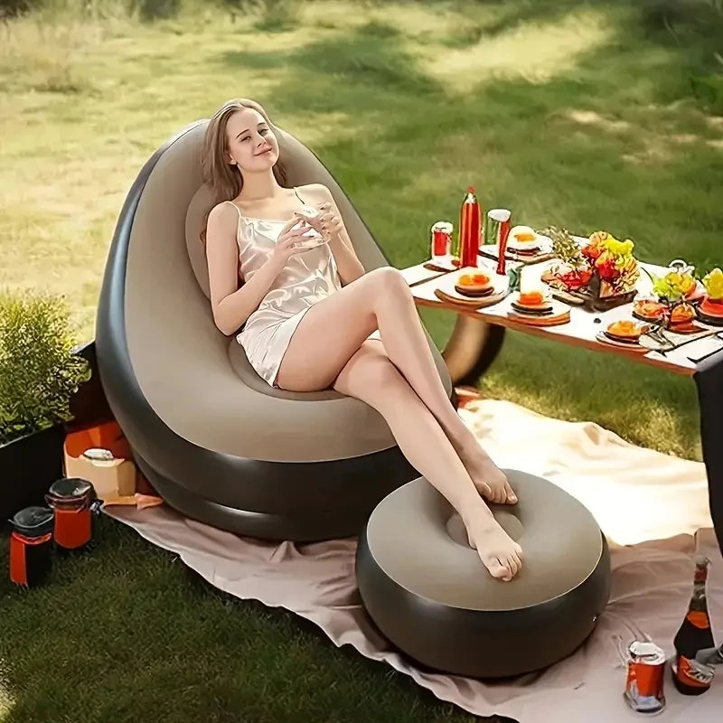 Lazy Couch Sofas Inflatable Chair Foldable Recliner Outdoor Sofa Bed Footstool Portable Folding Air Bed Lunch Lounge Chair Set