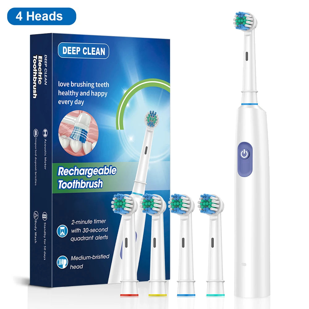 Electric Rotating Toothbrush Deep Clean Whitening Teeth for Adult Ultrasonic Toothbrush with 4/8pcs Refill Replacement Heads