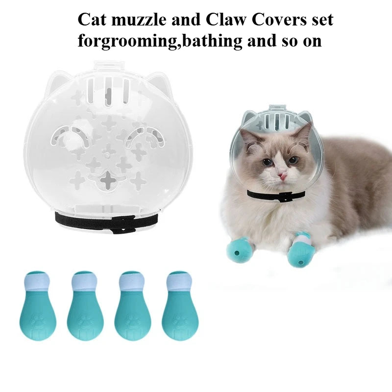 1Set Cat Muzzle Pet Grooming Cover Accessory Cat Anti Bite Anti Licking Space Hood Breathable Helmet with 4 Silicone Paw Shoes
