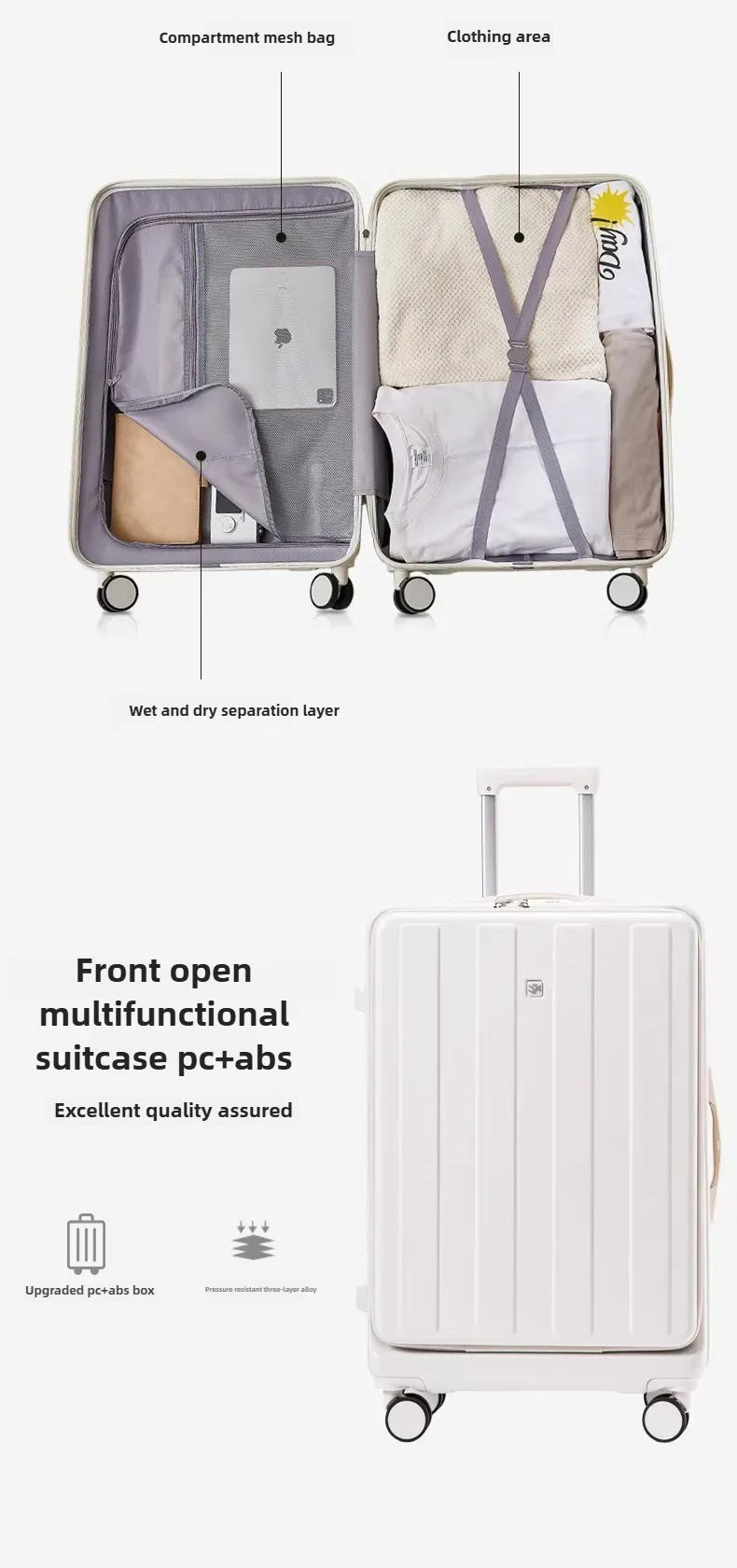 Multifunction Large Capacity Luggage Business Carry on Boarding USB Charging Cup Holder Front Opening Lid Trolley Suitcase