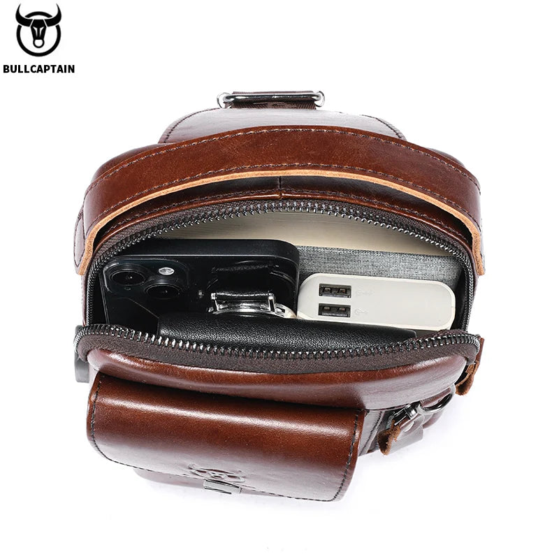BULLCAPTAIN Men's Genuine Leather Chest Bag Casual Retro 7.9-inch Mobile Phone Bag Multifunctional Anti-Theft Crossbody Bag