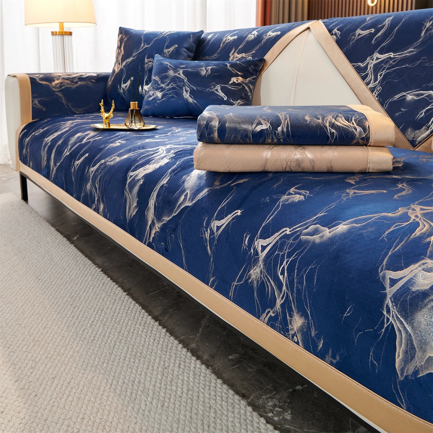 Marble Lines print velvet Sofa Cover for L Shape Sofa Covers Couch covers Slipcover Anti-Slip  Living Room 4 Seasons