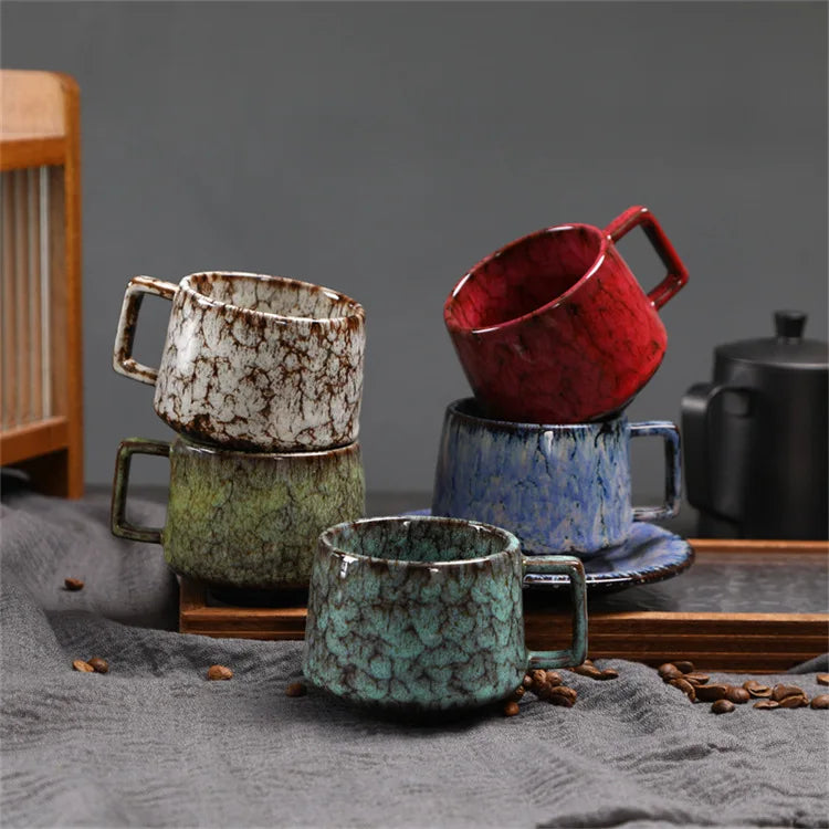 180ML Japanese Espresso Cup and Dish Kiln Transformed Ceramic Cup Retro Coarse Ceramic Mug Living Room Decoration
